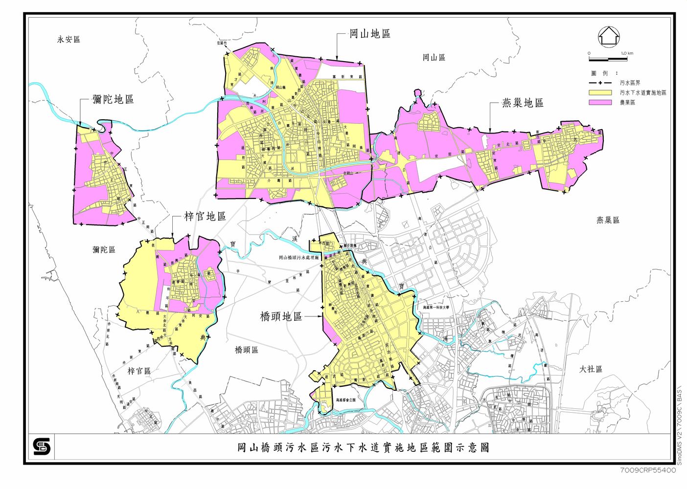 岡山橋頭污水區污水下水道實施地區範圍示意圖